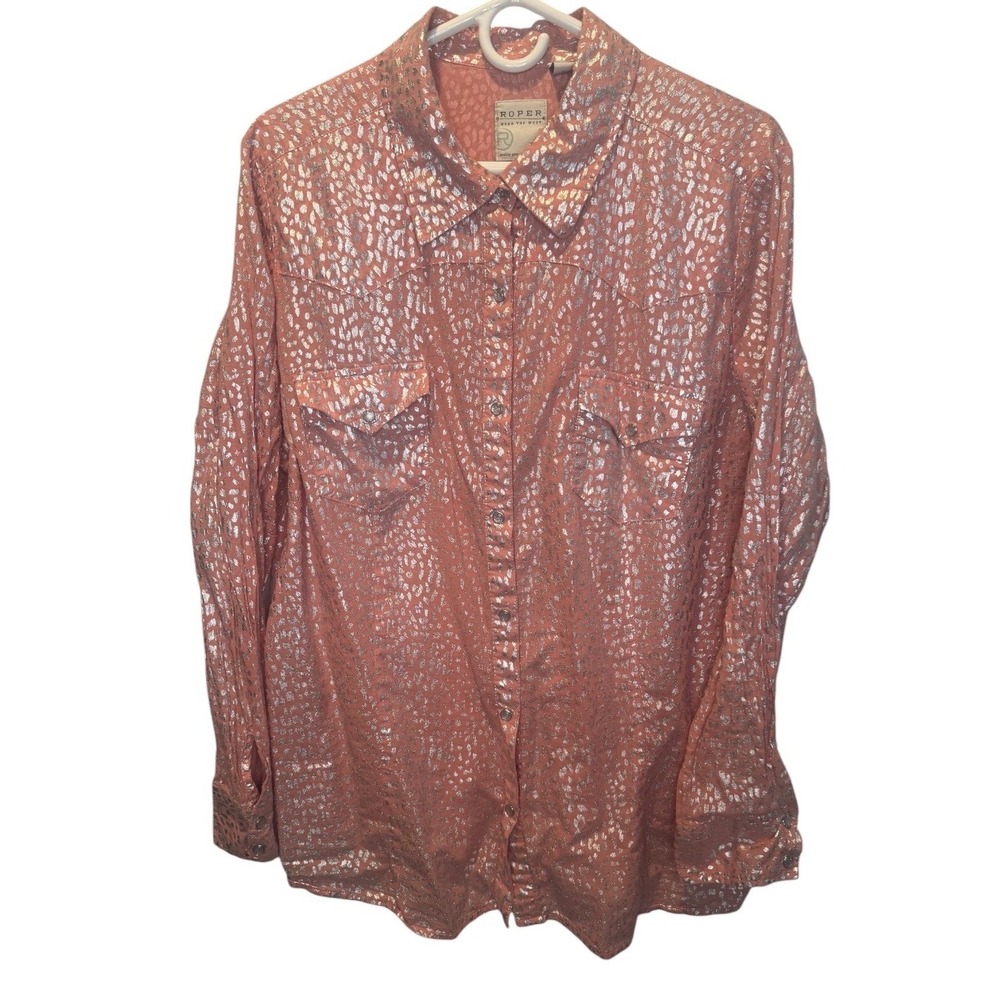 Roper Womens Pink Silver Metallic Foil Animal Print Western Snap Shirt 3X